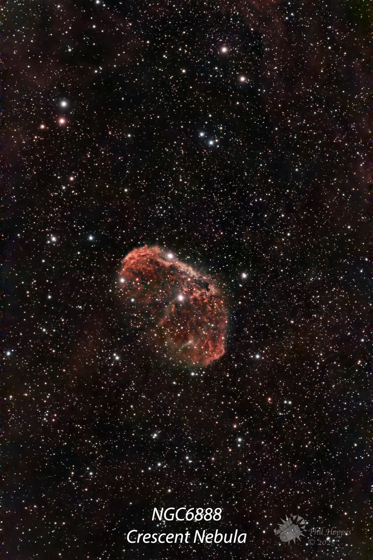 NGC 6888, the Crescent Nebula, a curved shell of glowing gas blown off by a Wolf-Rayet star
